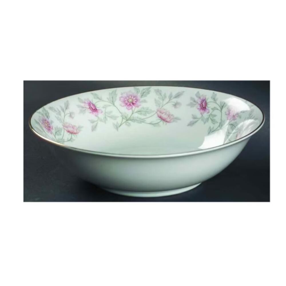 9" Round Vegetable Bowl Shalimar by Valmont Pink Flower gray Stems shabbychic